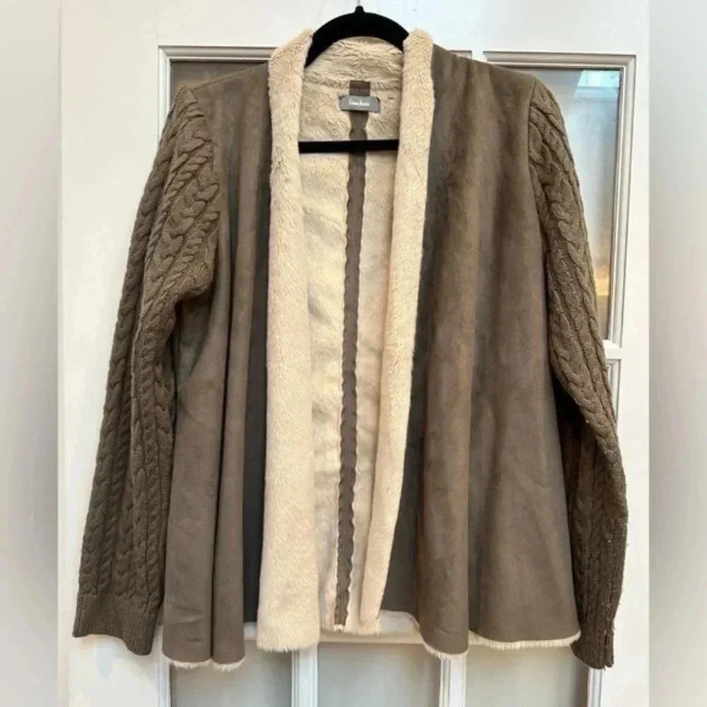 Vintage Neiman Marcus Faux Fur Suede Sweater Open Knit Cardigan Size Large L